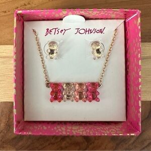 Betsey Johnson Acrylic Pink Gummy Bear Pendant Necklace & Stud Earrings Set